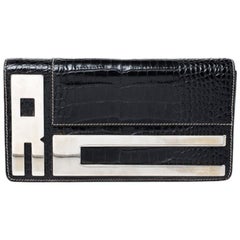 Roberto Cavalli Black Crocodile Embossed Leather Logo Chain Clutch