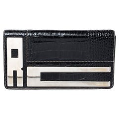 Roberto Cavalli - Pochette a catena con logo in pelle goffrata in coccodrillo nero
