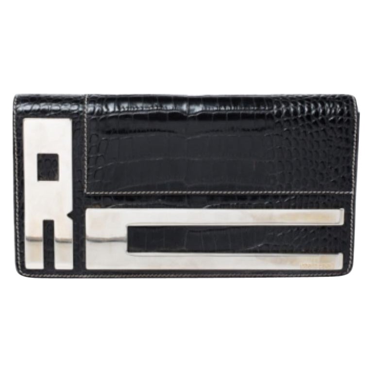 Roberto Cavalli Black Crocodile Embossed Leather Logo Chain Clutch
