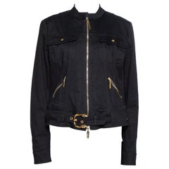 Roberto Cavalli Black Denim Zip Front Belted Jacket L