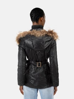 Roberto Cavalli Black Double Zip Fur Trim Coat Size M