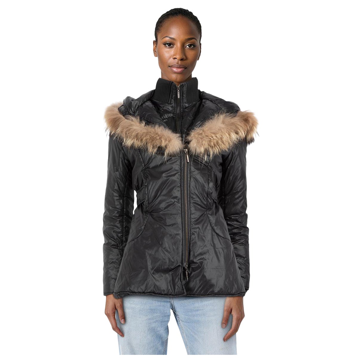 Roberto Cavalli Schwarzer Mantel mit doppeltem Reißverschluss und Pelzbesatz Größe M