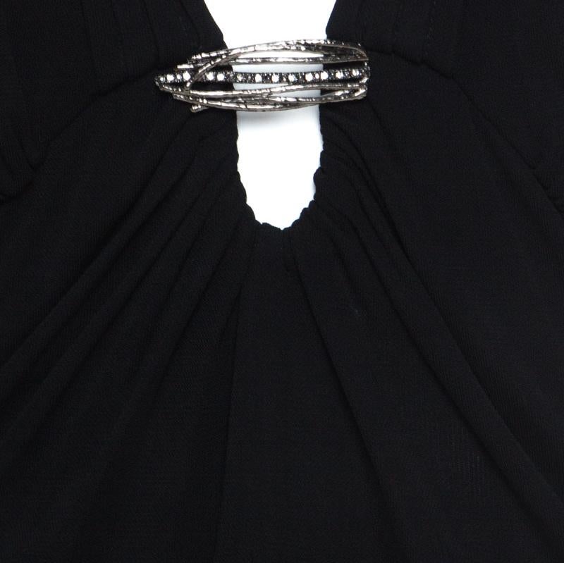 Roberto Cavalli Black Draped Jersey Brooch Neckline Detail Top M 2