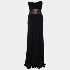 Roberto Cavalli Black Embellished Silk Crepe Corset Detail Strapless Gown M