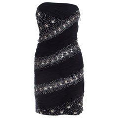 Roberto Cavalli Black Embellished Silk Ruched Strapless Dress S