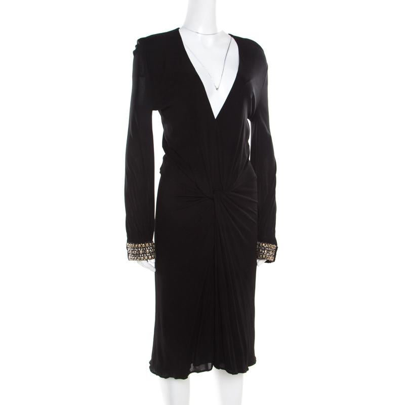 Roberto Cavalli Black Embellished Trim Long Sleeve Plunge Neck Dress M In Good Condition In Dubai, Al Qouz 2