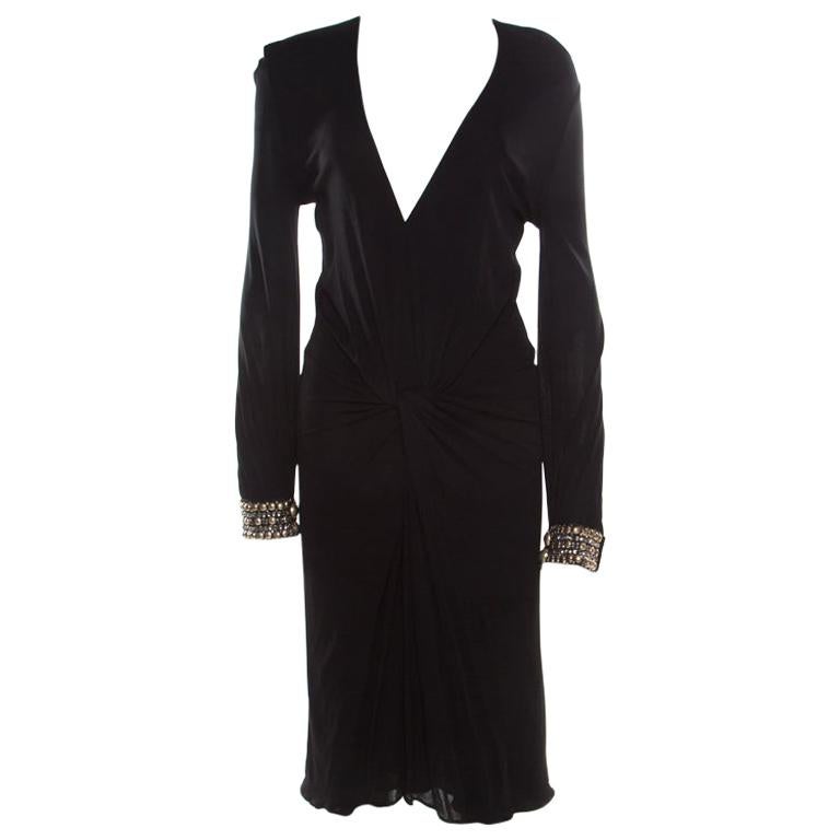 Roberto Cavalli Black Embellished Trim Long Sleeve Plunge Neck Dress M