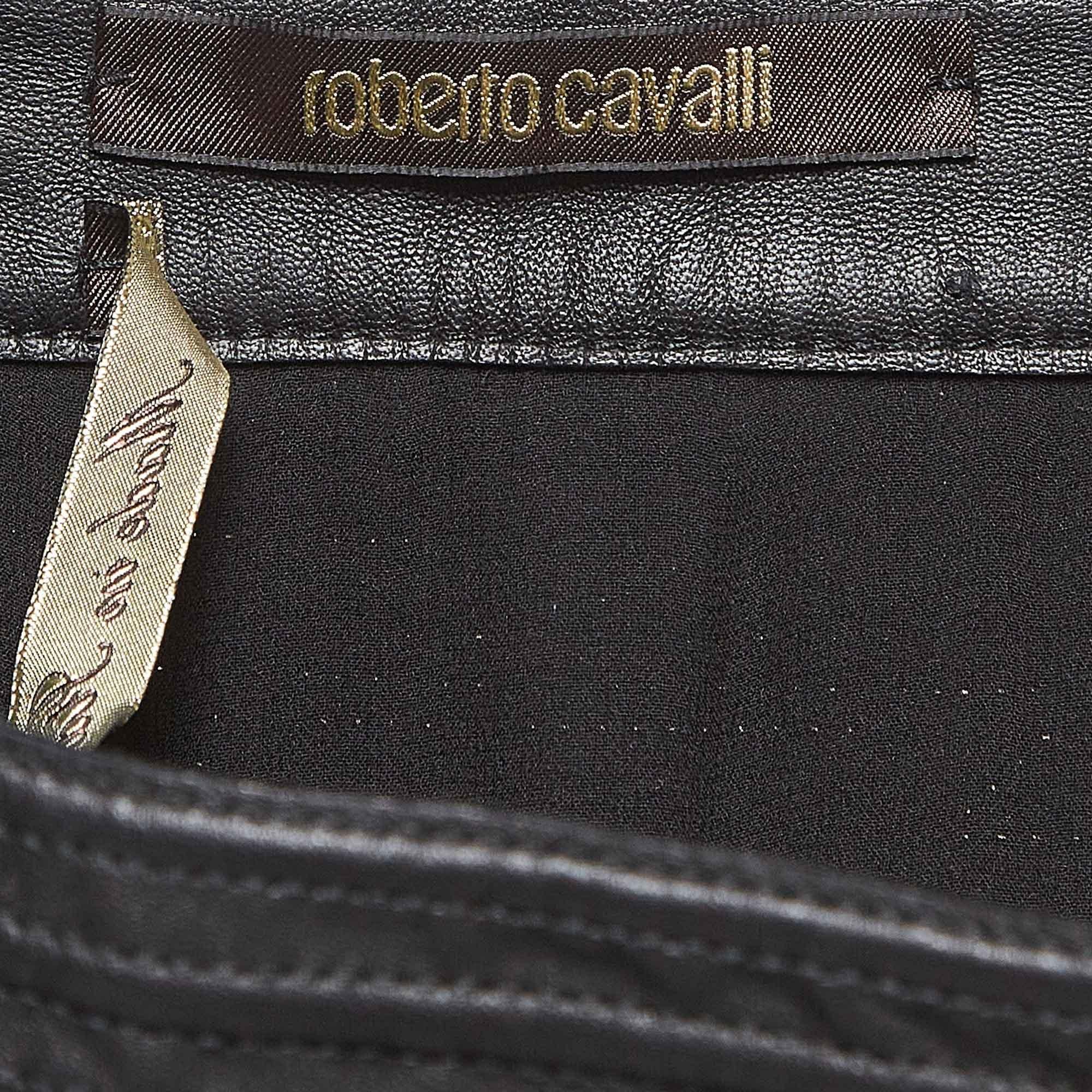 Roberto Cavalli Black Embossed Leather Fringed Skirt S In Good Condition In Dubai, Al Qouz 2