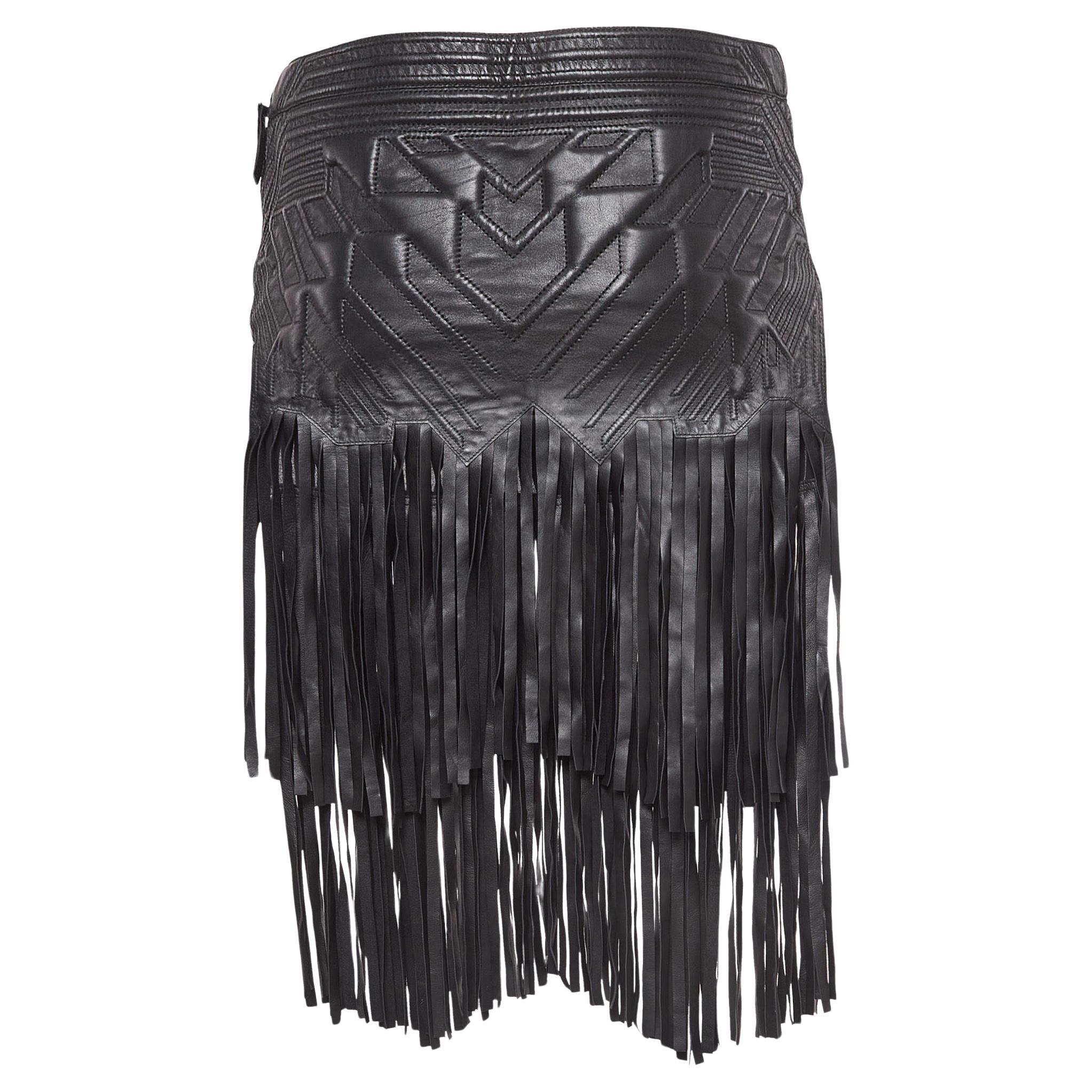 Roberto Cavalli Black Embossed Leather Fringed Skirt S For Sale