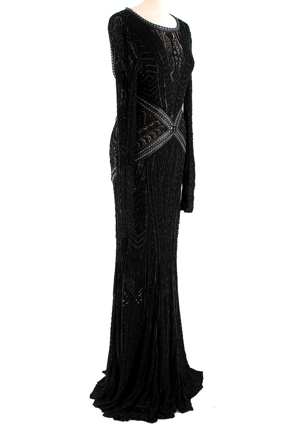 Roberto Cavalli Black Embroidered & Embellished Leather Detailed Gown

- Heavily embellished with multi-patterned sequins all over the dress
- Wide neck trimmed with leather woven detailing & silver eyelets. Same detailing to the waist
- Sheer