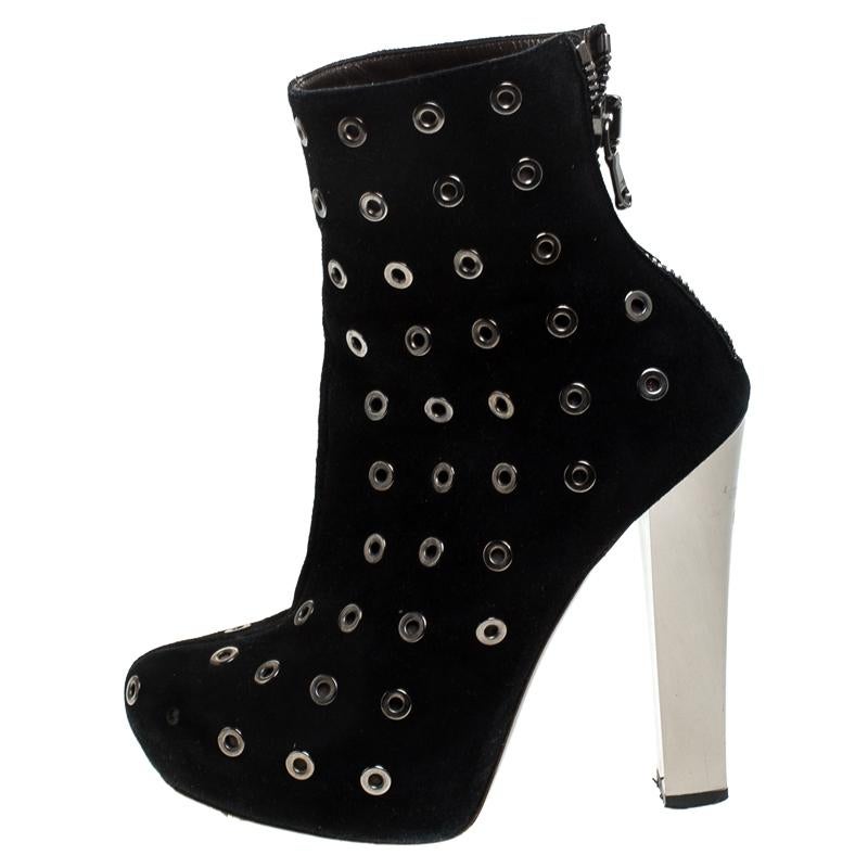 Women's Roberto Cavalli Black Eyelet Suede Platform Ankle Boots Size 36.5 For Sale