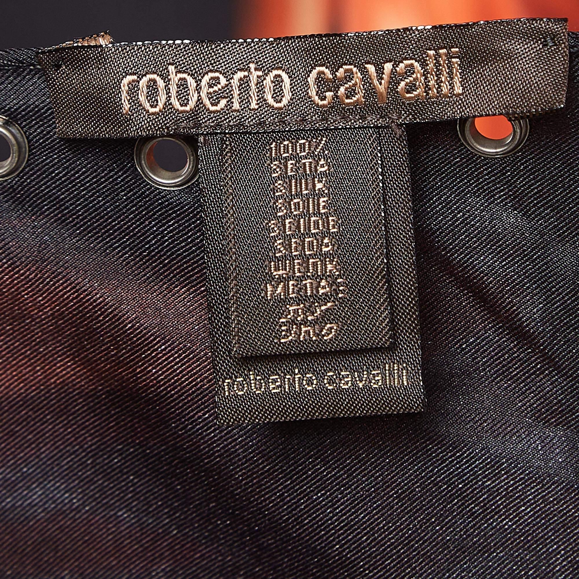 Women's Roberto Cavalli Black Flames Print Silk Leather Fringed Scarf For Sale