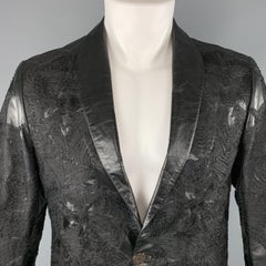 ROBERTO CAVALLI Black Floral Embroidered Leather Shawl Collar Sport Coat