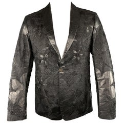 ROBERTO CAVALLI Black Floral Embroidered Leather Shawl Collar Sport Coat