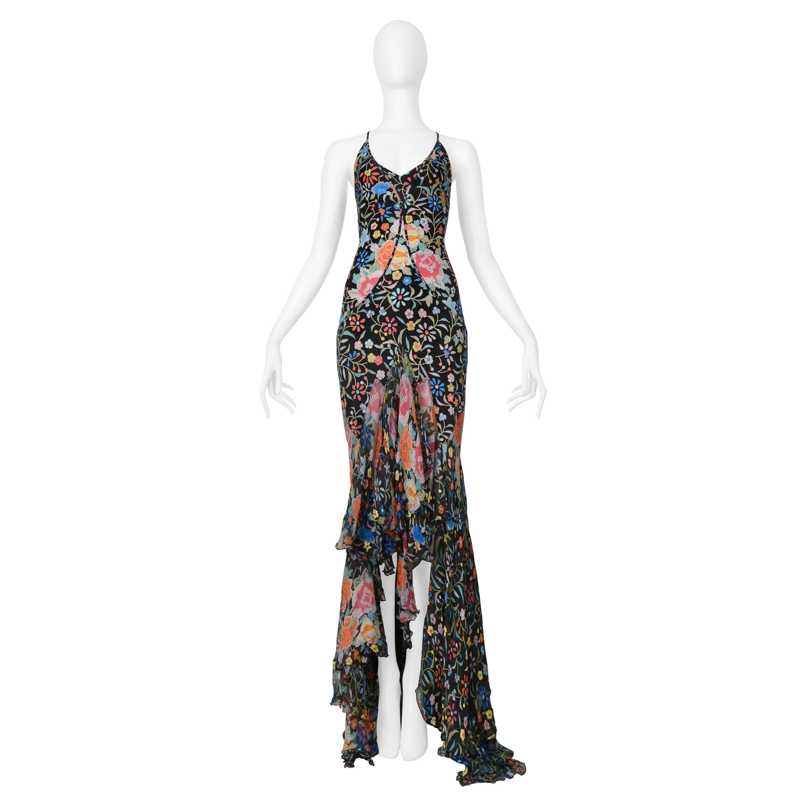 Roberto Cavalli - Vestito in seta con stampa floreale nera ricamata - Aw 2004