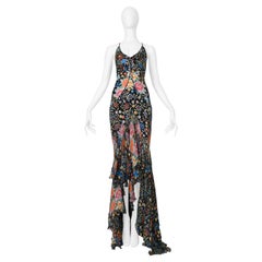Roberto Cavalli Schwarzes Seidenkleid mit Blumenstickerei und Druck Aw 2004