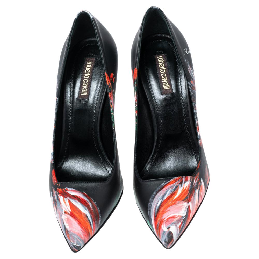Women's Roberto Cavalli Black Floral Painted Pointed Toe Pumps Size 36