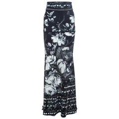 Roberto Cavalli Black Floral Print Knit Chain Detail Maxi Skirt L