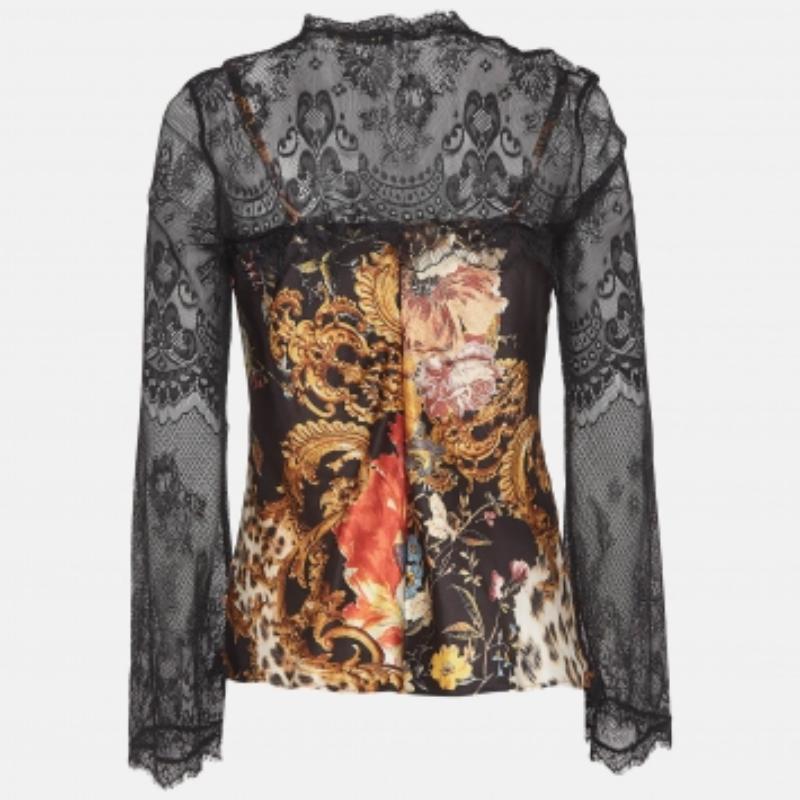 Donna Roberto Cavalli Camicetta nera con stampa floreale e rifiniture in pizzo e raso all'uncinetto I.L.A. in vendita