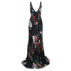 Roberto Cavalli Schwarzes plissiertes Maxikleid aus Seide mit Blumenmuster M