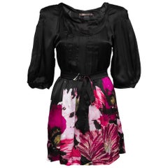 Roberto Cavalli Black Floral Print Silk Belted Top S
