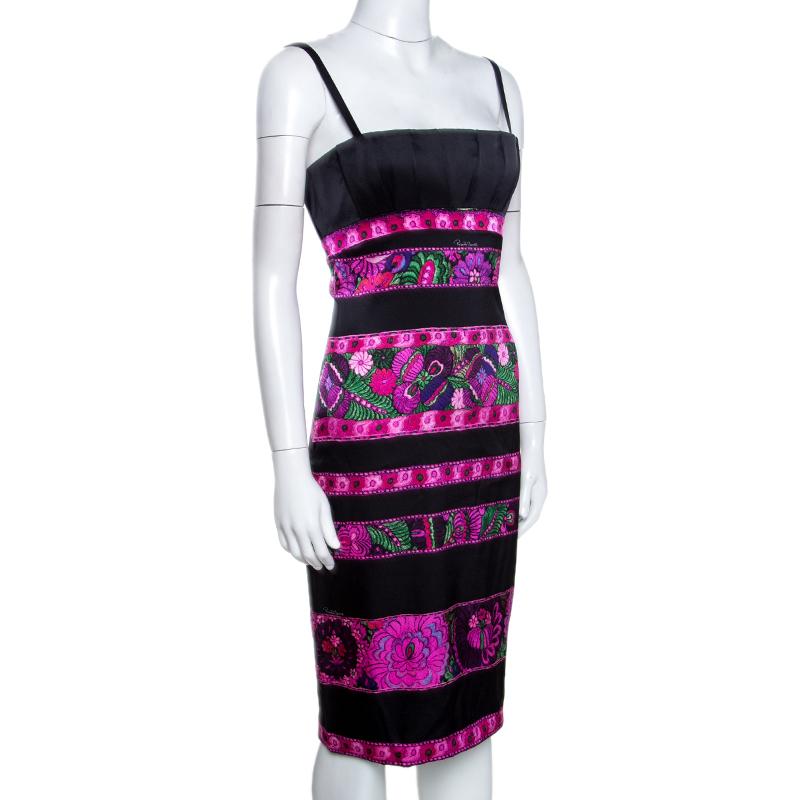 Roberto Cavalli Black Floral Print Silk Pleated Bustier Dress S In Good Condition In Dubai, Al Qouz 2