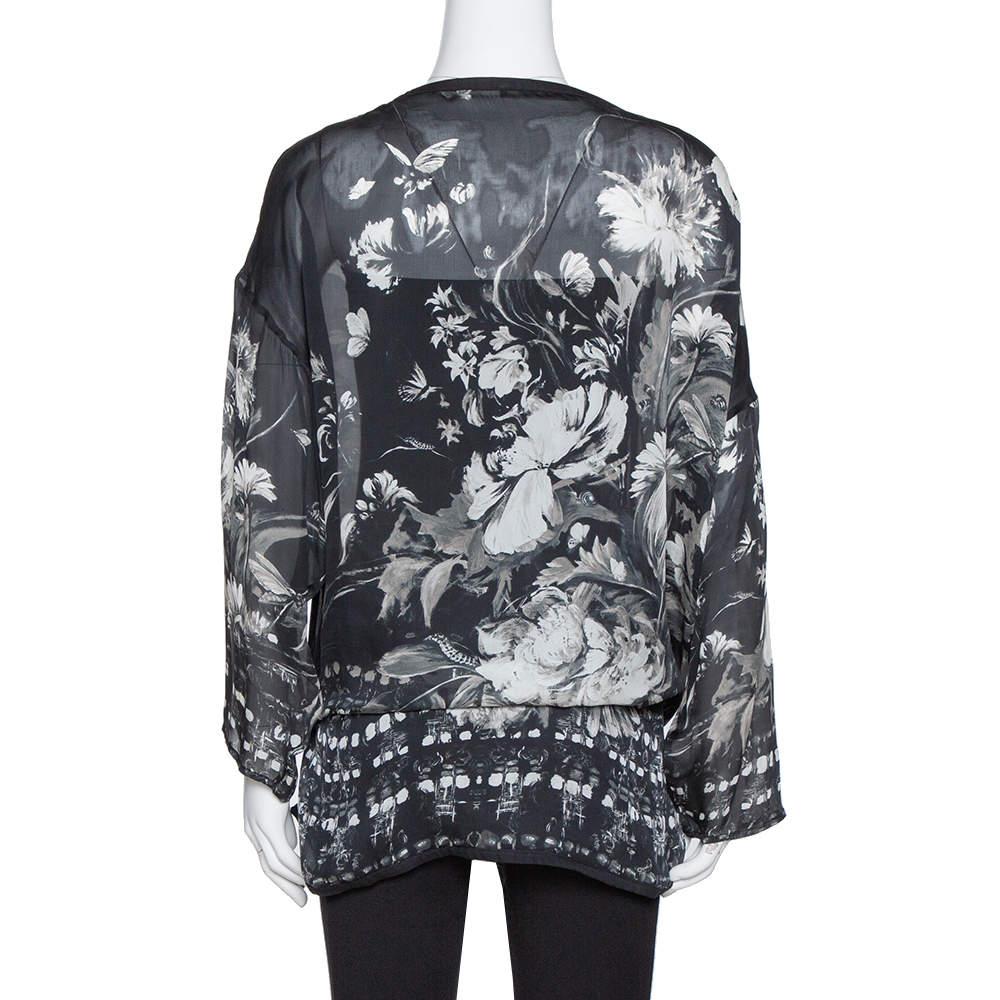 Noir Roberto Cavalli Black Floral Print Silk Sheer Kaftan Blouse S