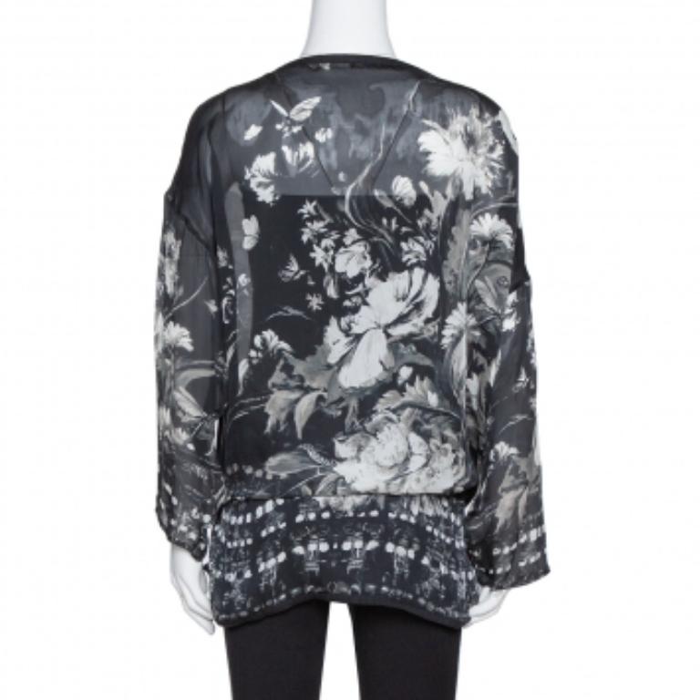 Women's Roberto Cavalli Black Floral Print Silk Sheer Kaftan Blouse S For Sale