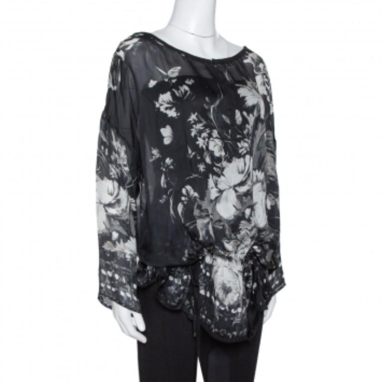 Roberto Cavalli Black Floral Print Silk Sheer Kaftan Blouse S For Sale 2