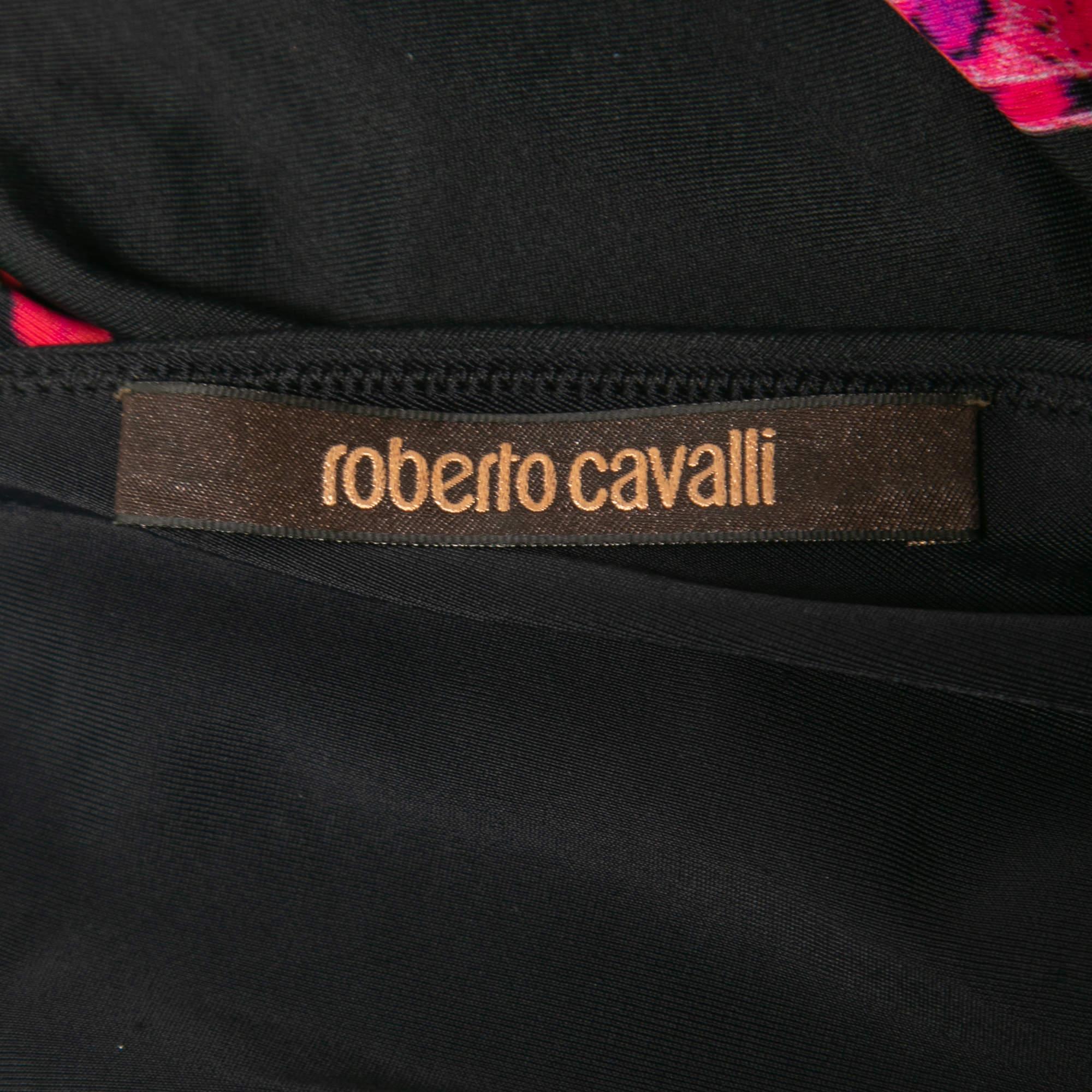Women's Roberto Cavalli Black Floral Printed Jersey V-Neck Top S For Sale