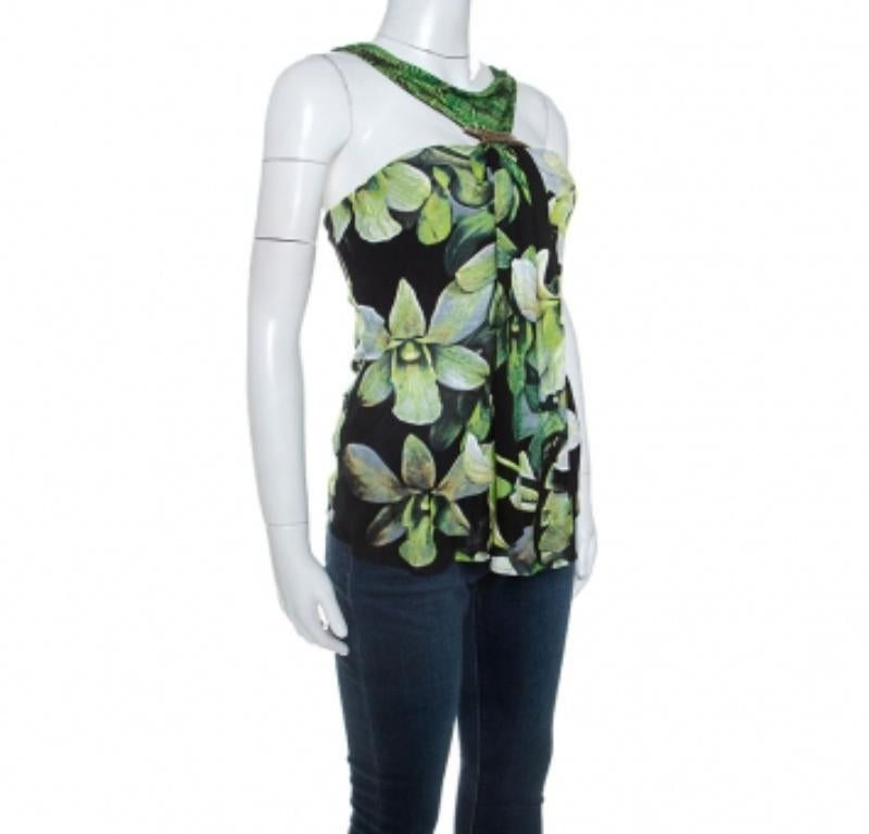 Noir Roberto Cavalli Black Floral Printed Knit Brooch Detail Top S en vente