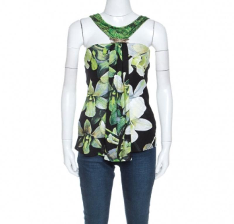 Roberto Cavalli Black Floral Printed Knit Brooch Detail Top S Pour femmes en vente