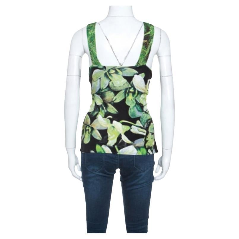 Roberto Cavalli Black Floral Printed Knit Brooch Detail Top S en vente