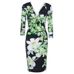 Roberto Cavalli Black Floral Printed Knit Long Sleeve Brooch Detail Dress M