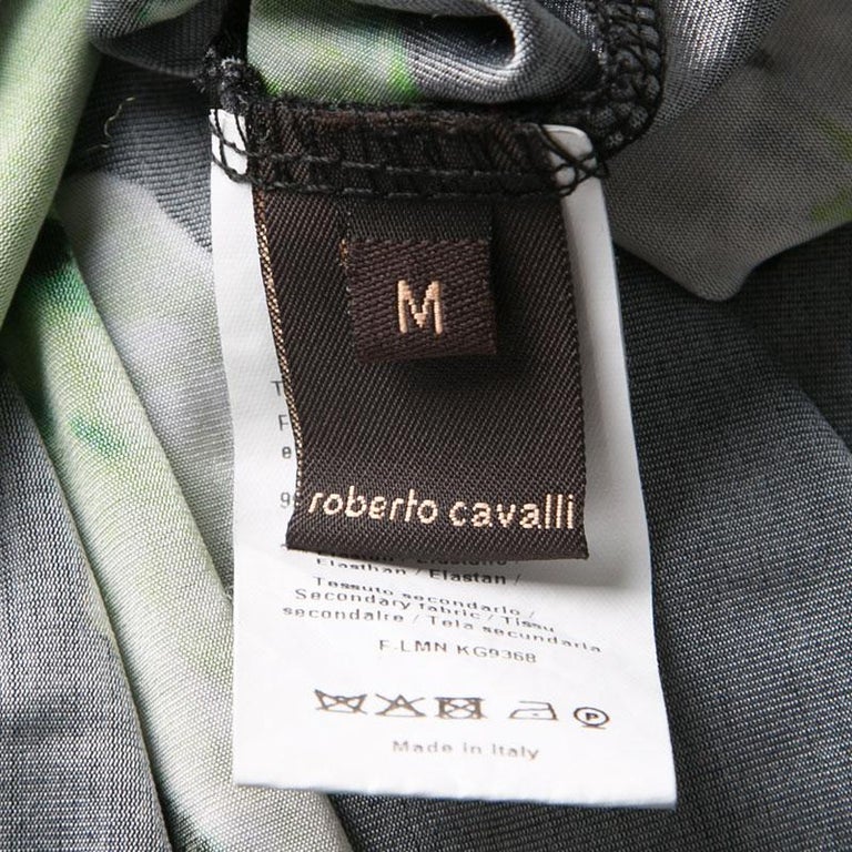 Roberto Cavalli Black Floral Printed Knit Long Sleeve Gathered Maxi ...