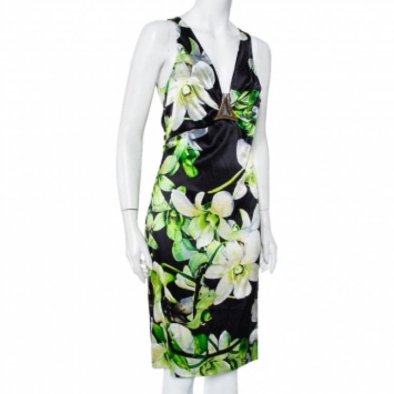 Roberto Cavalli Black Floral Printed Silk Satin Plunging Neck Dress M (Schwarz) im Angebot