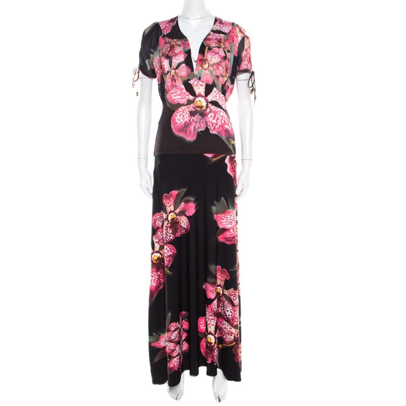 Women's Roberto Cavalli Black Floral Printed Stretch Knit Top and Maxi Skirt Set M