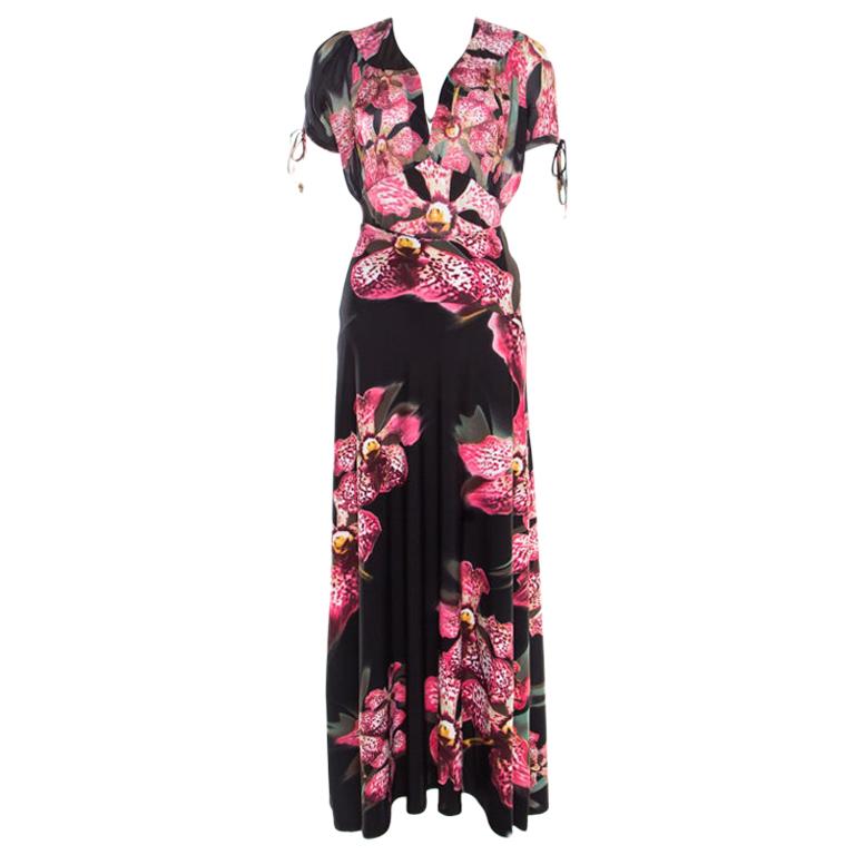 Roberto Cavalli Black Floral Printed Stretch Knit Top and Maxi Skirt Set M