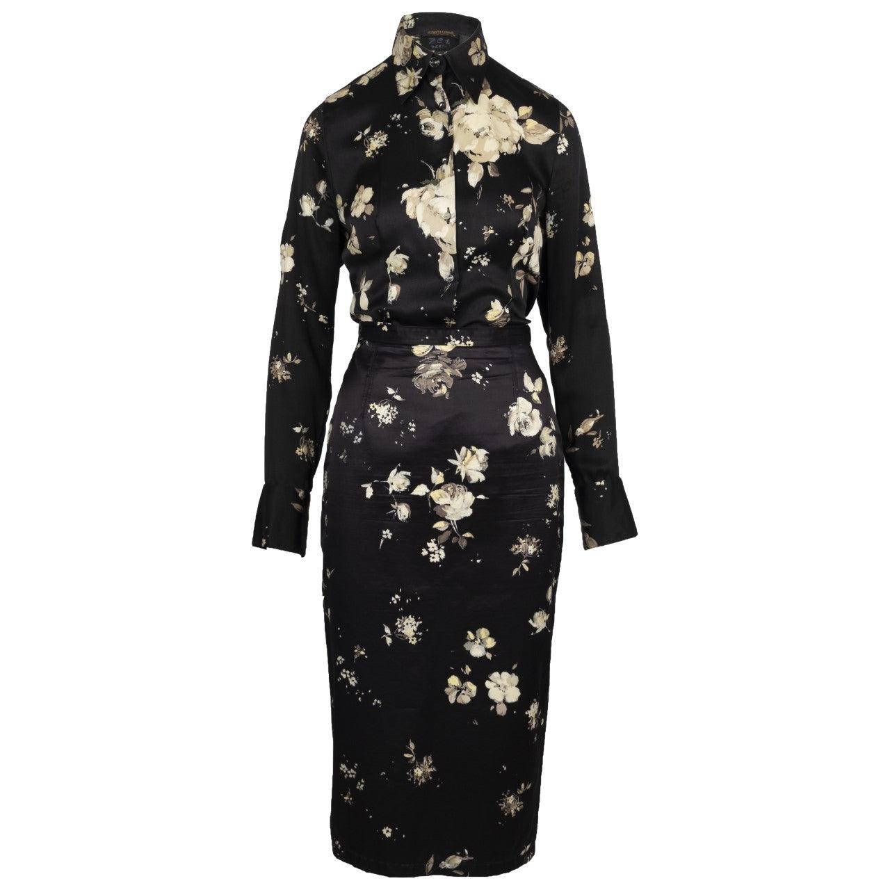Roberto Cavalli Black Flower Printed Skirt and Top Suit - '00s For Sale