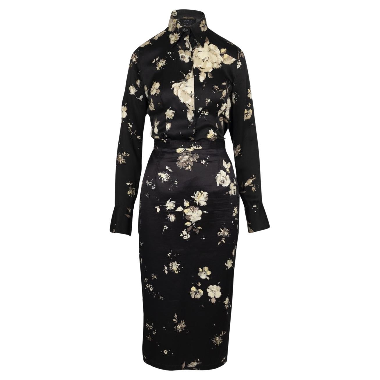 Roberto Cavalli Black Flower Printed Skirt and Top Suit  For Sale