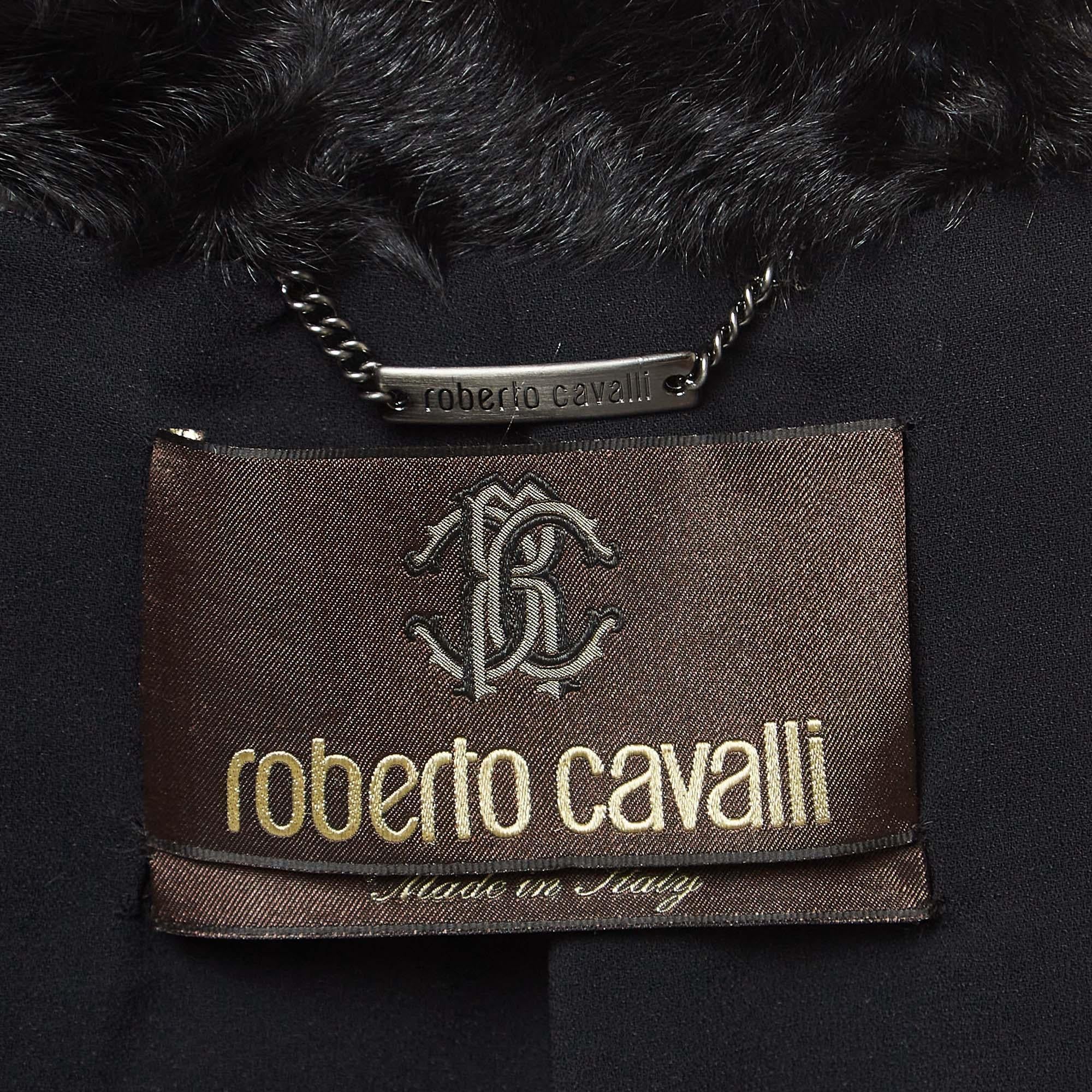 Roberto Cavalli Black Fur Fringed Belted Long Coat L 1