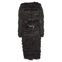 Roberto Cavalli Black Fur Fringed Belted Long Coat L