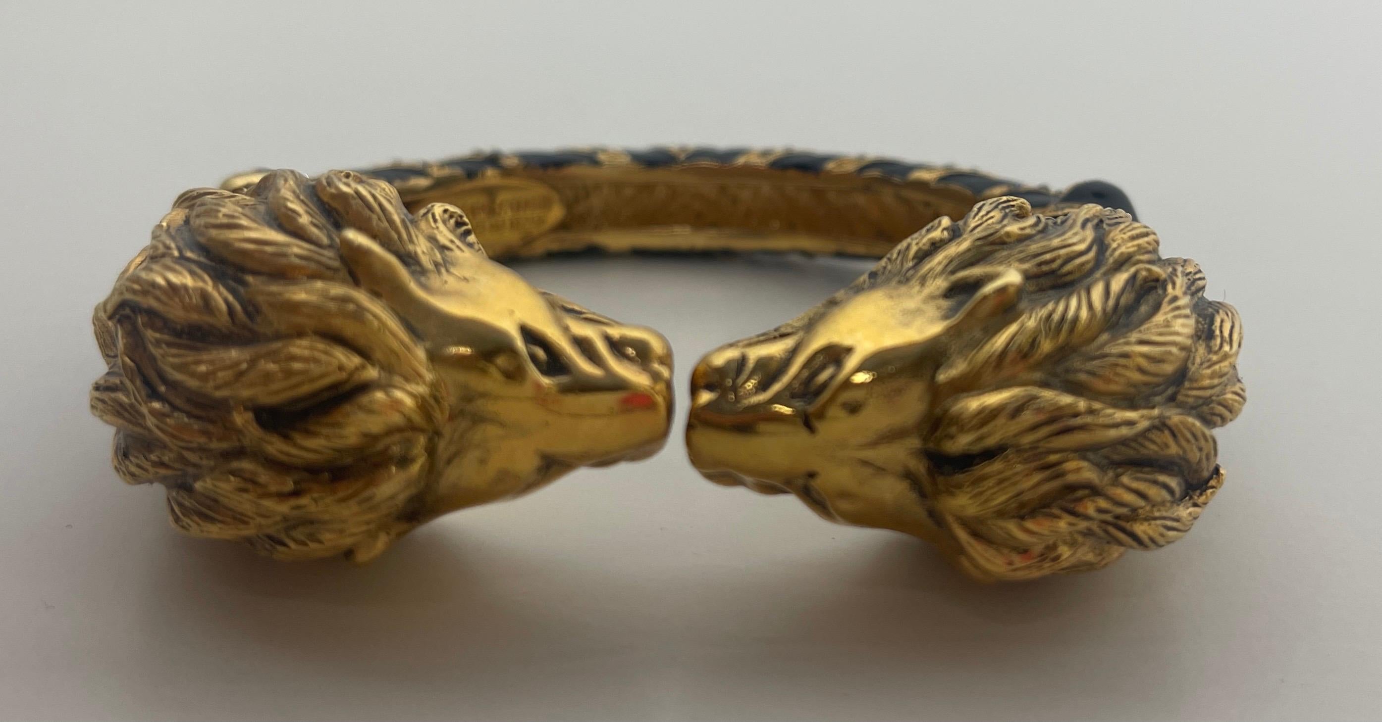 Roberto Cavalli Black & Gold Lion Head Bangle Bracelet In Excellent Condition In New York, NY