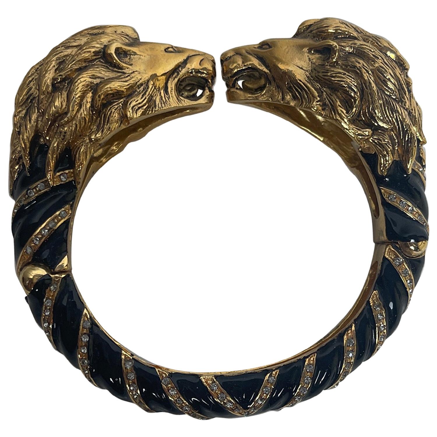 Roberto Cavalli Black & Gold Lion Head Bangle Bracelet