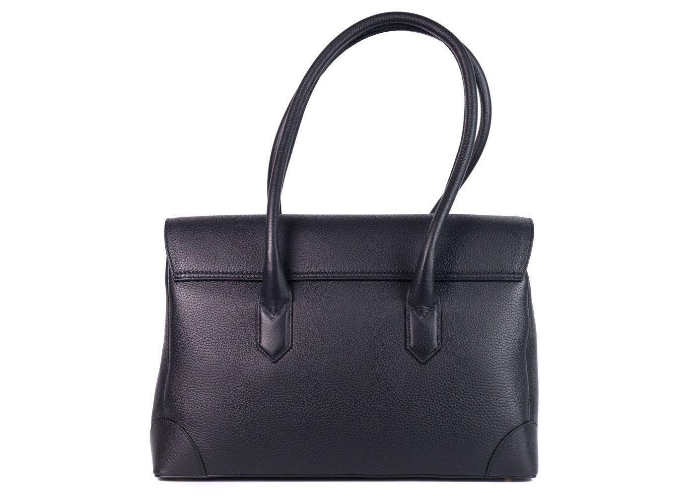 Women's Roberto Cavalli Black Grained Leather Double Compartment Shoulder Bag For Sale