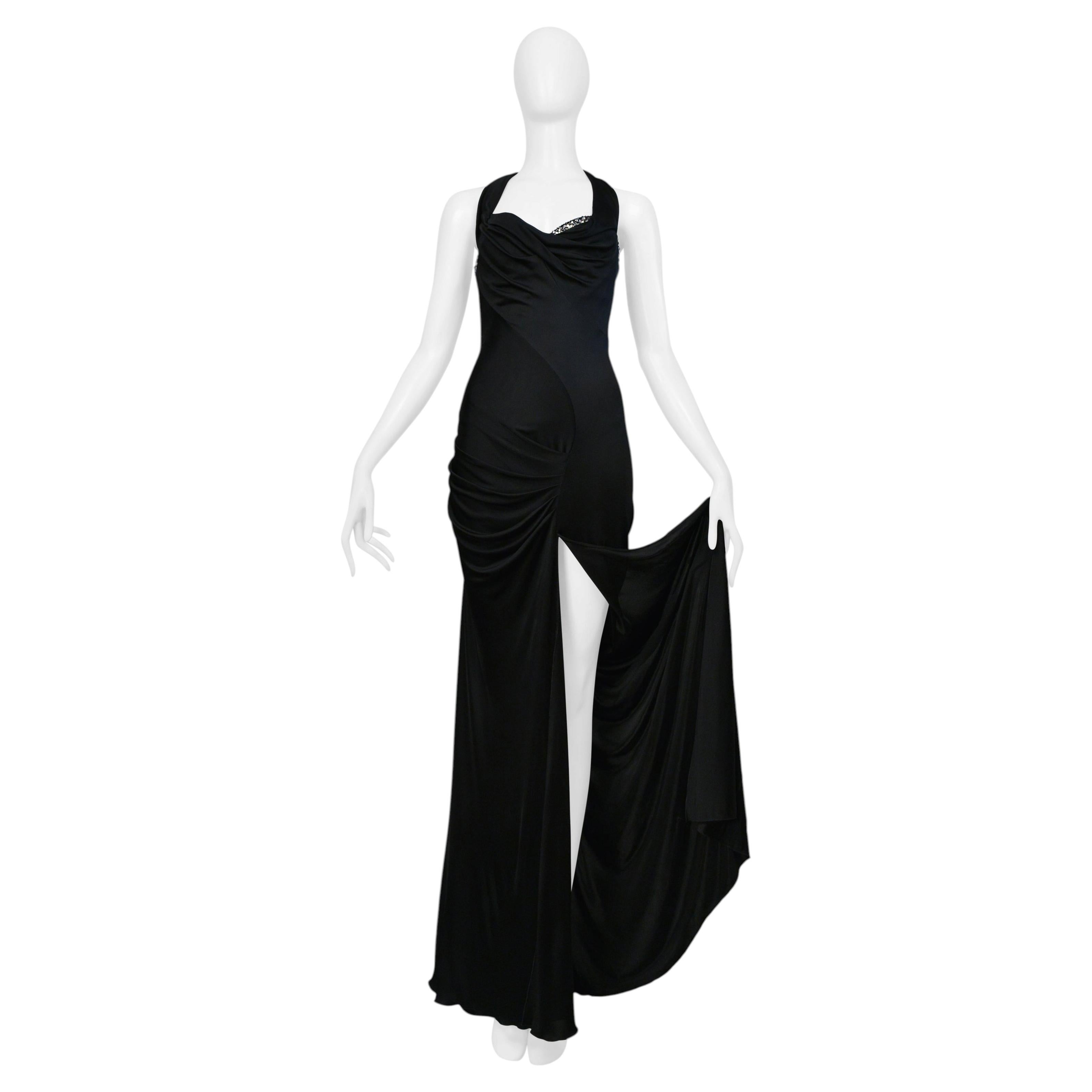 Robe dos nu noire Roberto Cavalli avec encolure ornée de cristaux et fente haute, 2008