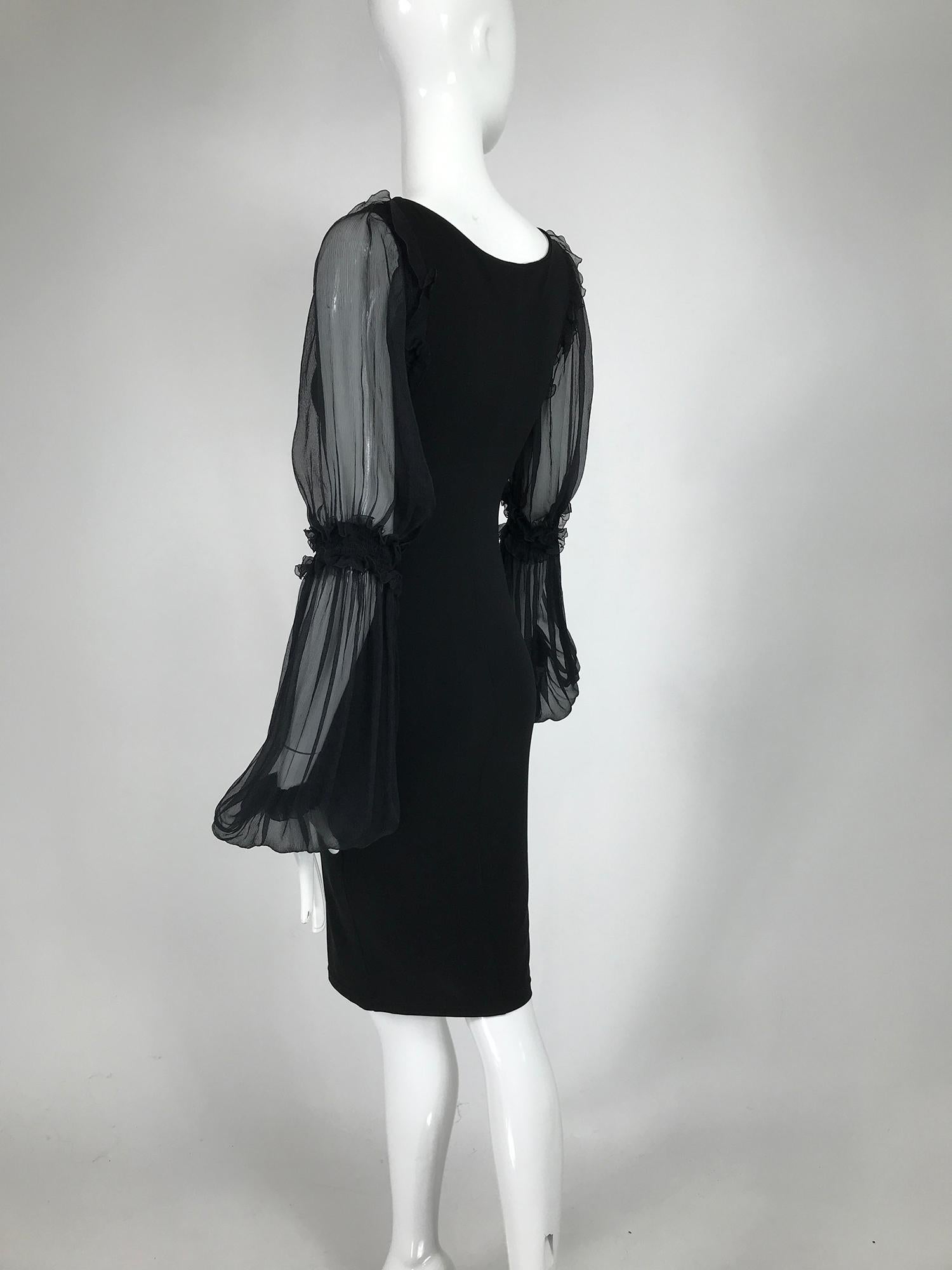 Roberto Cavalli Black Jersey Dress with Black Chiffon Sleeves In Good Condition In West Palm Beach, FL