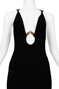Roberto Cavalli Black Jersey Evening Gown With Gold Hardware & Jewel