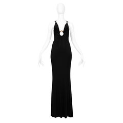 Roberto Cavalli Black Jersey Evening Gown With Gold Hardware & Jewel