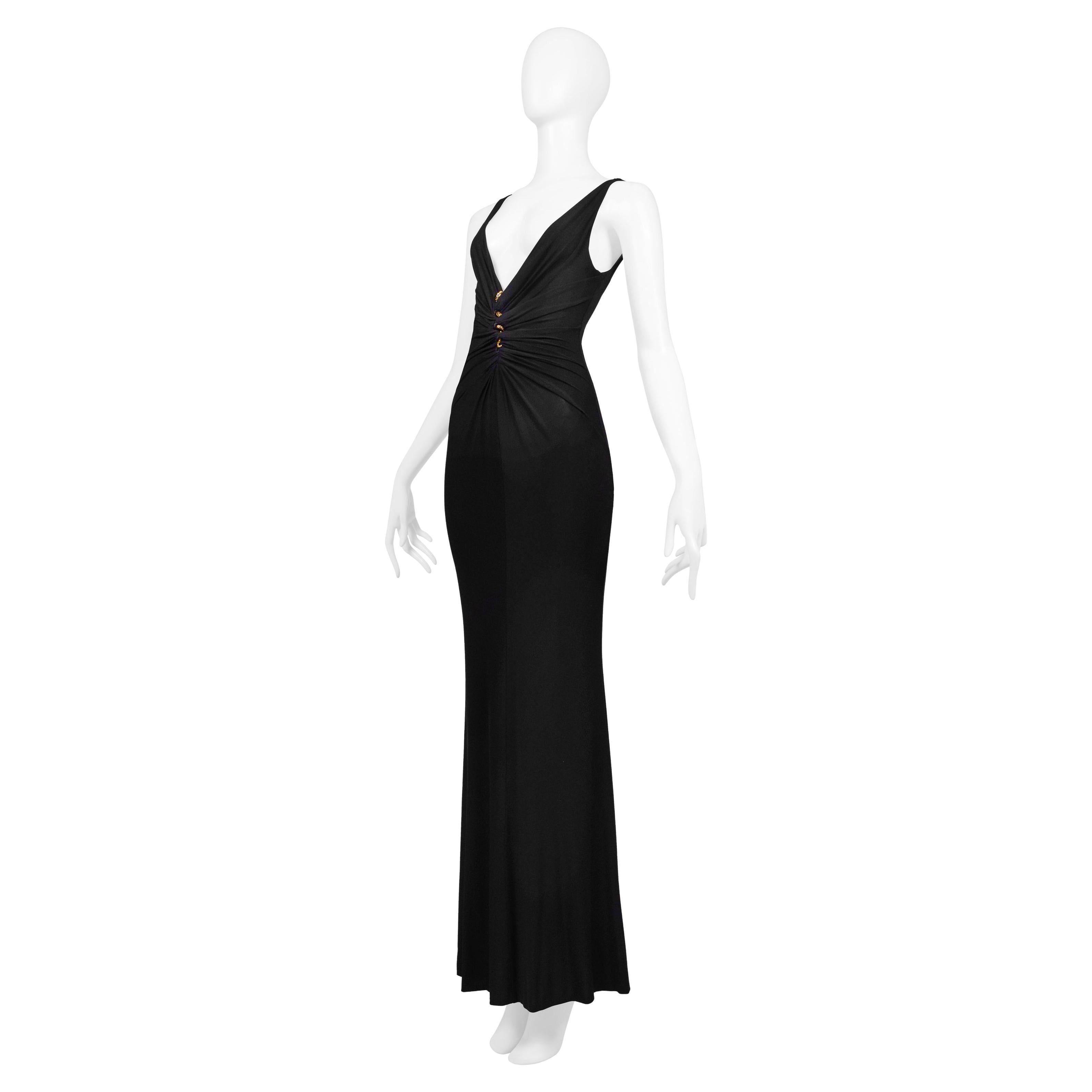 Roberto Cavalli Black Jersey Evening Gown With Gold Snake Hardware In Excellent Condition For Sale In Los Angeles, CA